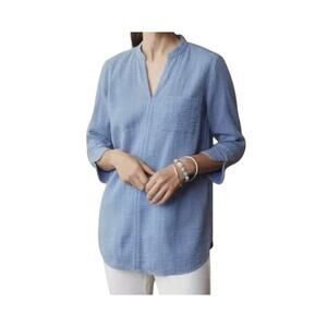 Pure Jill Womens Blue Woven Slub Split V-Neck 3/4 Sleeve Top Size Small